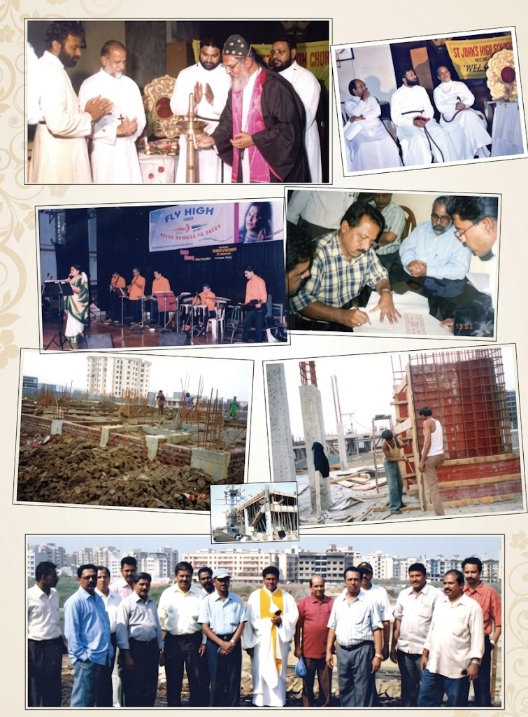 Historical collage of the church building phase and parish gatherings