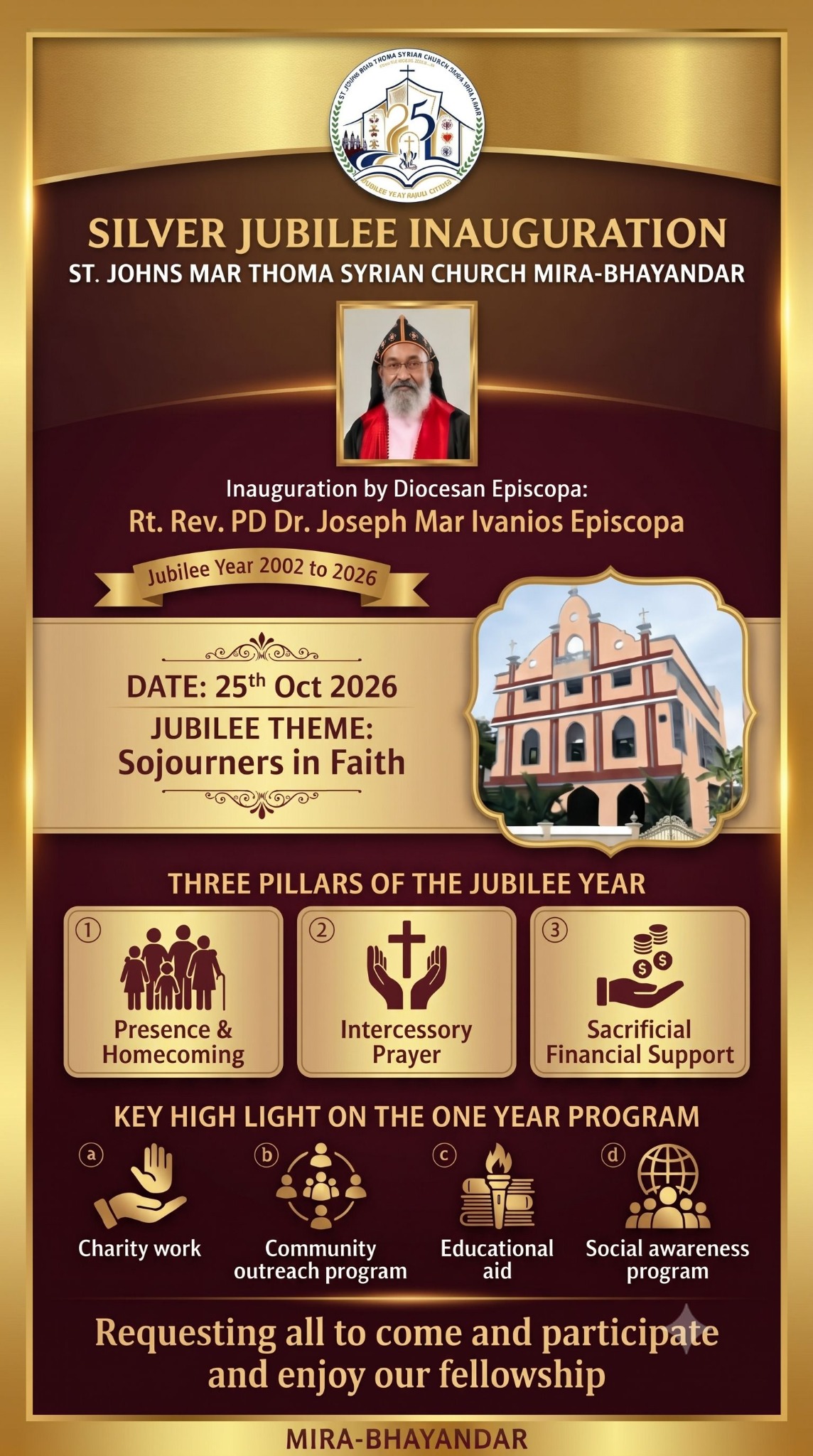 Silver Jubilee inauguration invitation, 25 October 2026, with Diocesan Episcopa Rt. Rev. PD Dr. Joseph Mar Ivanios Episcopa